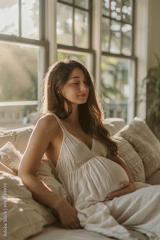 Pregnant woman relaxing at home in soft light Pregnant woman relaxing at home in soft light