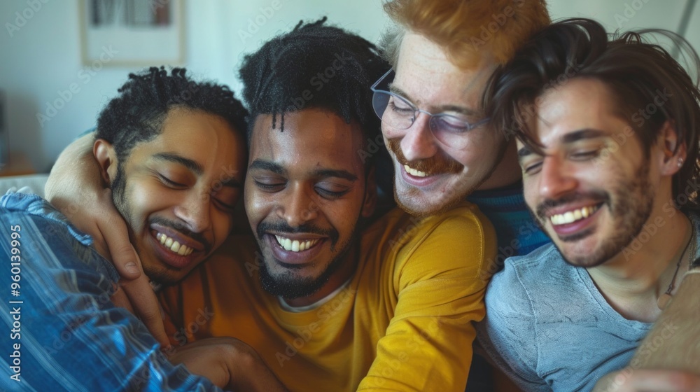 Fototapeta premium Four men of diverse backgrounds create a heartwarming scene on a couch, showcasing their strong friendship through smiles and laughter in a cozy living space.
