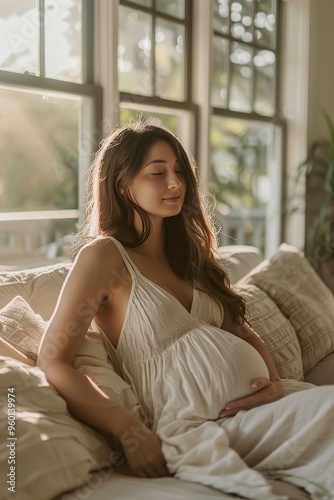 Pregnant woman relaxing at home in soft light