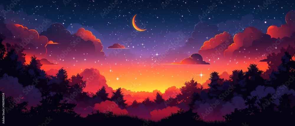 Fototapeta premium Night Sky with Crescent Moon Over Silhouetted Forest