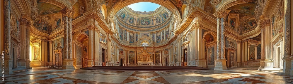 Obraz premium A Renaissance church with a massive dome, frescoed ceilings, and marble columns, capturing the grandeur and artistry of Renaissance religious architecture