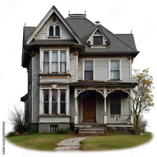 Old house with porch and dormer windows on white background.