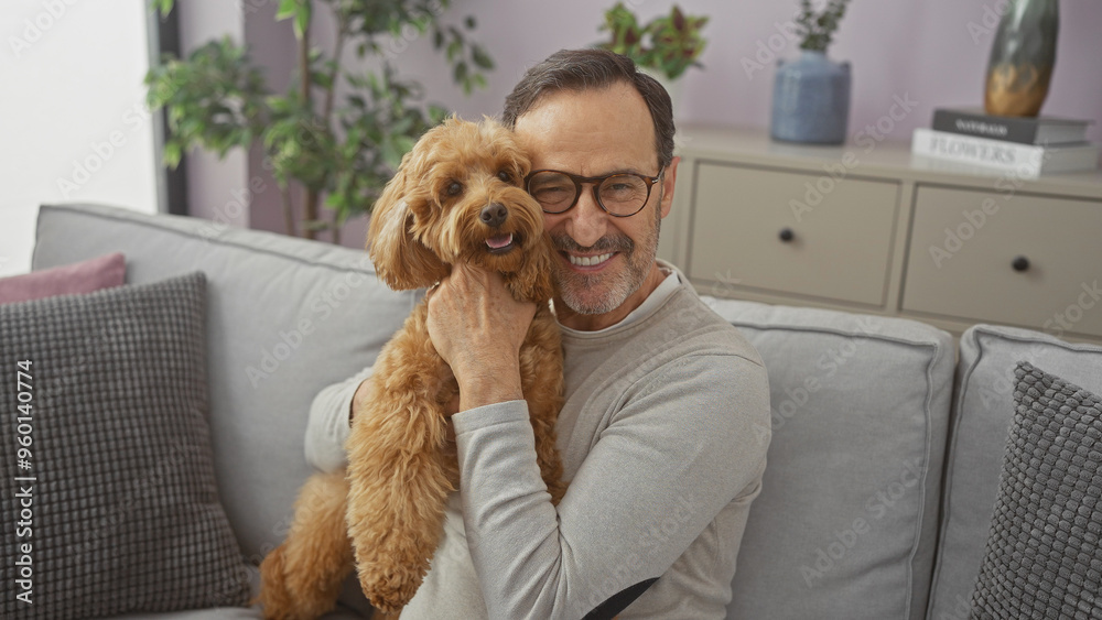 A smiling man embraces a poodle inside a cozy living room, depicting companionship and home comfort. A smiling man embraces a poodle inside a cozy living room, depicting companionship and home comfort.