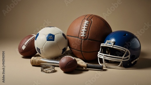 Sports equipment arranged on a beige background.