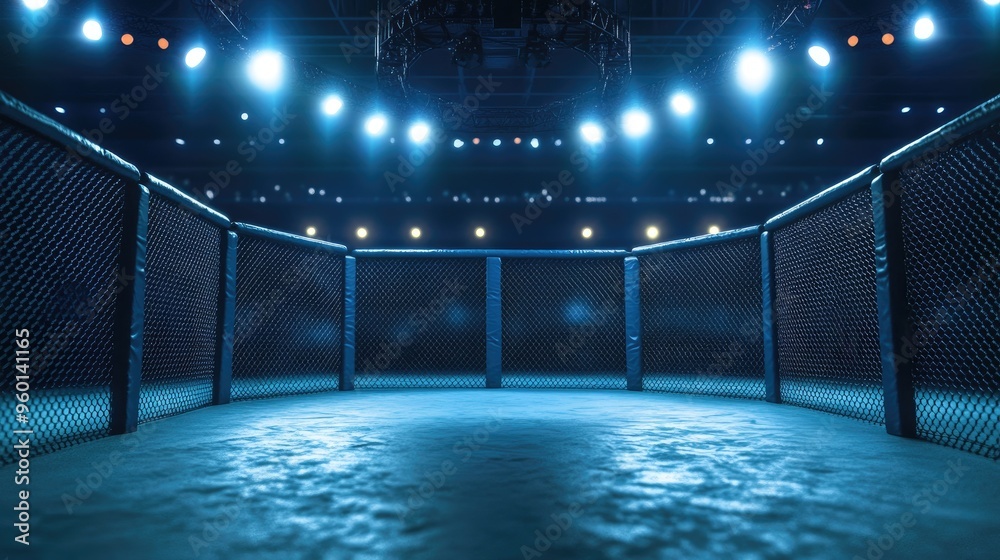 Obraz premium An unoccupied MMA octagon cage under bright lights, showcasing the tranquil and expectant mood of the sports arena.