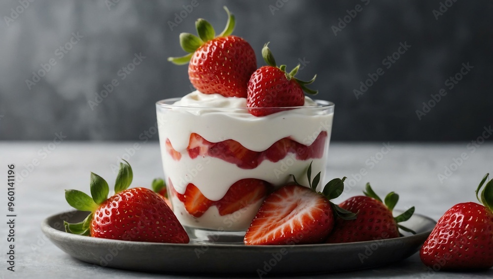 Strawberries and yogurt layered on top of each other, with ample room for text or design. Strawberries and yogurt layered on top of each other, with ample room for text or design.