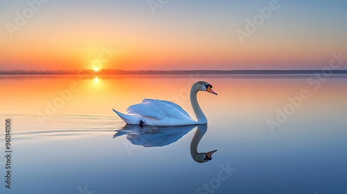 A serene image of a swan gliding across a still lake at sunset, with its reflection perfectly mirrored on the water s surface photo