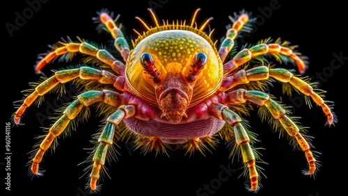 Vibrant microscopic view of a tiny mite, showcasing intricate details of its eight-legged body, set against a stark black background for optimal contrast.