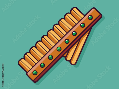 Bamboo pan flute clipart cartoon style. Simple cute wooden panpipes woodwind instrument flat vector illustration. Wind instrument syrinx hand drawn doodle style. Greece folk musical instrument vector
