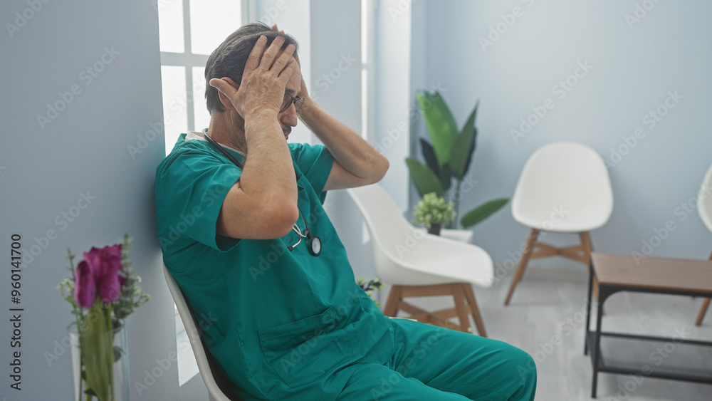Stressed male doctor in scrubs sitting with hands on head in bright clinic waiting room Stressed male doctor in scrubs sitting with hands on head in bright clinic waiting room