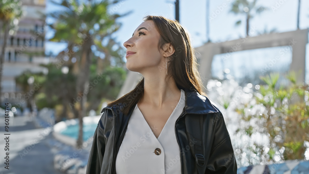 A young woman enjoys a sunny urban outdoor scene, exuding casual elegance amidst a city backdrop.