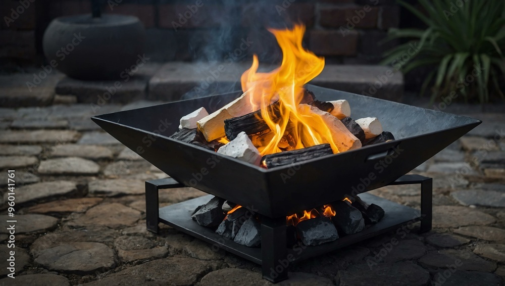 The interior of a fire bowl with white hot coals and flickering yellow flames contained within a square black metal structure, offering space for text. The interior of a fire bowl with white hot coals and flickering yellow flames contained within a square black metal structure, offering space for text.