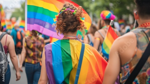 A vibrant LGBTQ pride parade showcases participants dressed in colorful attire, waving rainbow flags. The back view of a person with a rainbow cape emphasizes the joyful and inclusive atmosphere of