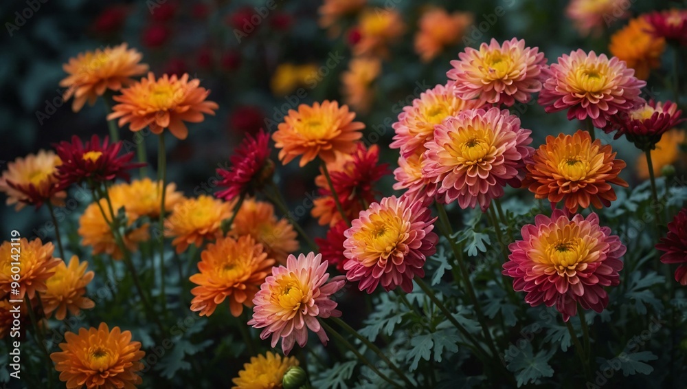Vibrant autumn chrysanthemums in full bloom, with space available for text or design. Vibrant autumn chrysanthemums in full bloom, with space available for text or design.