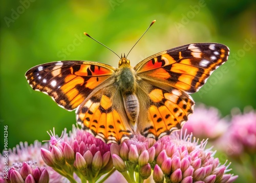 Vibrant orange and black Painted Lady butterfly perches on a delicate pink flower, its intricately patterned wings gently folded, against a soft green blurred background.