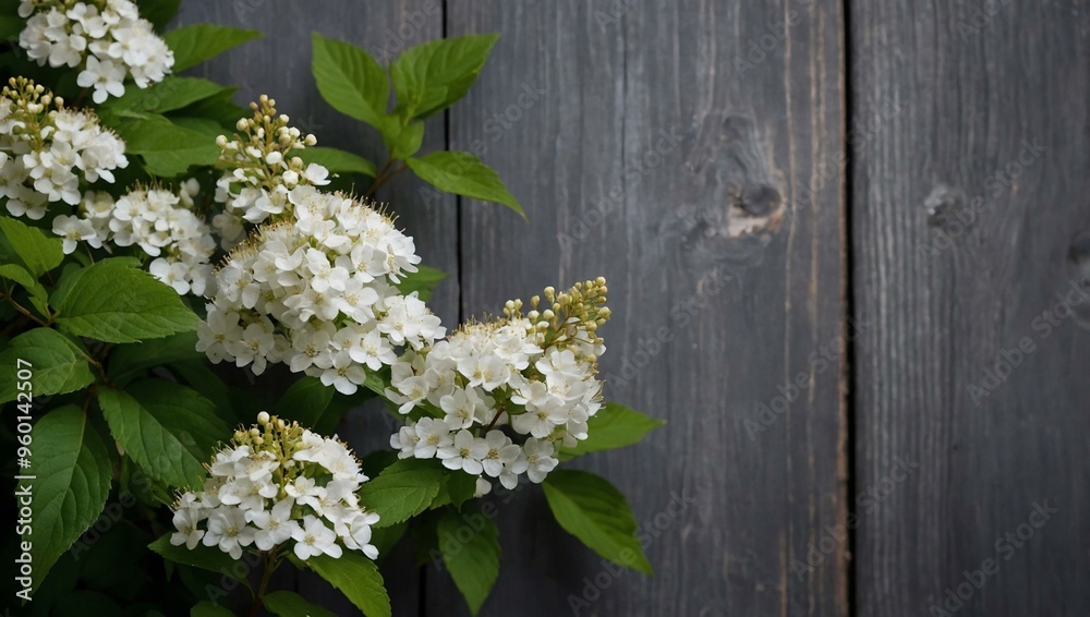 White Spirea flowers and green leaves contrast against a gray wooden background, ideal for text. White Spirea flowers and green leaves contrast against a gray wooden background, ideal for text.