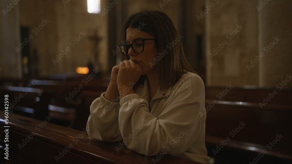 A young hispanic woman prays quietly in a beautiful church in italy, reflecting in the serene christian ambiance of the sacred space.