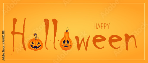 A banner with a holiday greeting of Happy Halloween. The cute and gruesome grimaces of Halloween pumpkins.