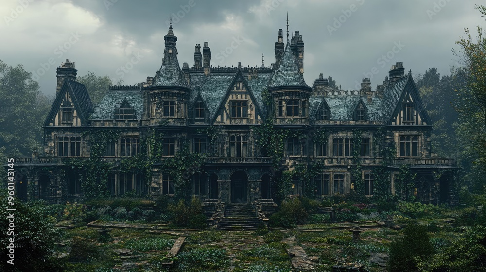 Fototapeta premium A sprawling Gothic mansion with turrets, gargoyles, and ivy-covered walls, capturing the mysterious and eerie atmosphere of Gothic architecture