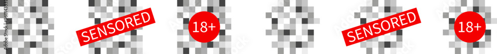 The concept of black censorship of the Red censor. Censored mosaic sign 18+, censored panel and black and gray pixelated distribution of the naked body. The concept of black censorship of the Red censor. Censored mosaic sign 18+, censored panel and black and gray pixelated distribution of the naked body.