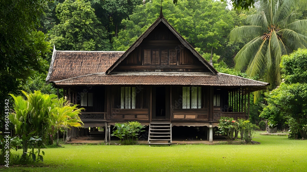 An empty traditional Thai house surrounded by lush tropical greenery, wooden architecture standing still An empty traditional Thai house surrounded by lush tropical greenery, wooden architecture standing still