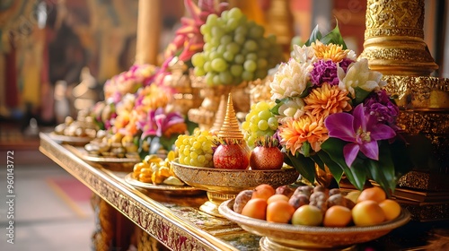 Traditional Thai ceremonial offerings of flowers and fruit arranged on a golden altar in a temple