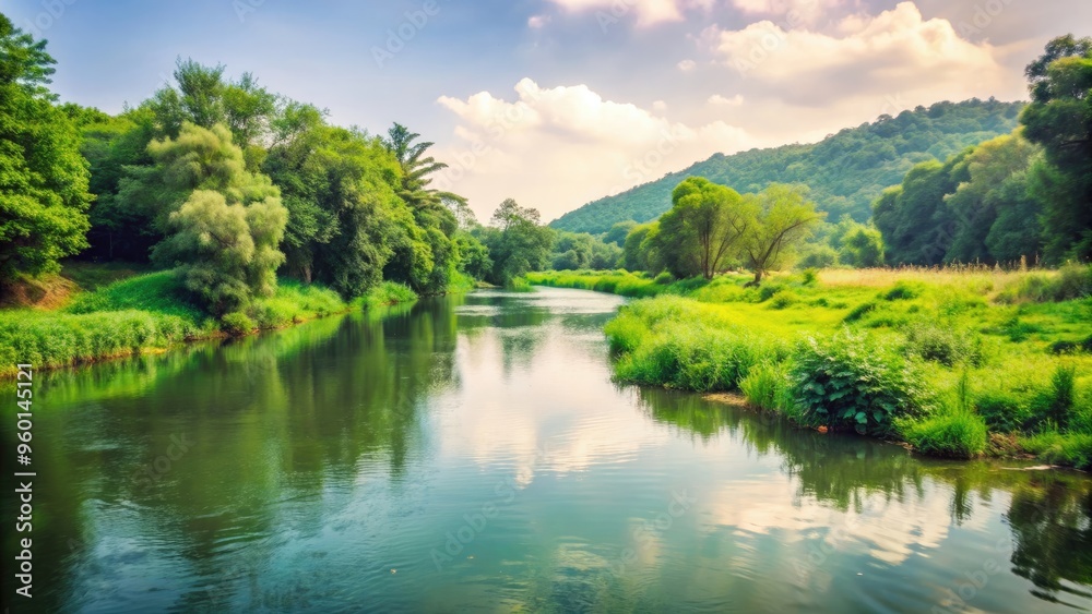 Serene river flowing through a lush green landscape. render, river, serene, lush, green, landscape,render, waterway Serene river flowing through a lush green landscape. render, river, serene, lush, green, landscape,render, waterway