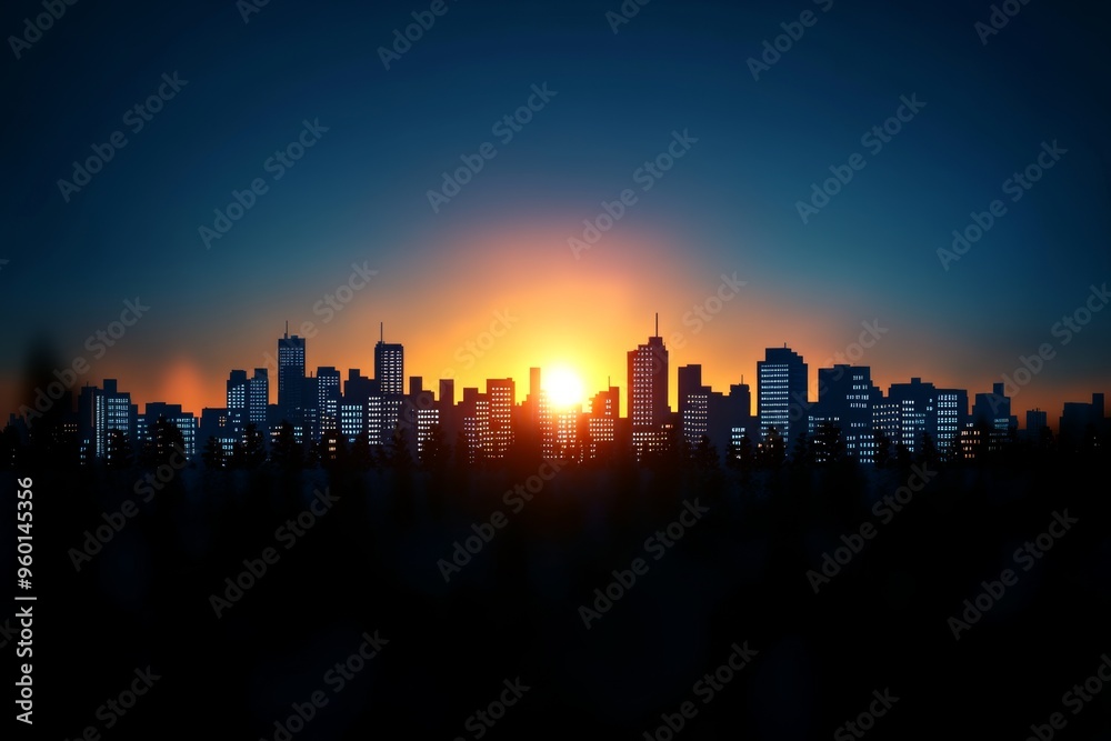 Naklejka premium Breathtaking sunset over city skyline, illuminating buildings with vibrant colors, capturing the essence of urban life and nature's beauty.