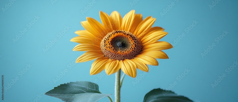Fototapeta premium A Single Sunflower in Bloom Against a Blue Background