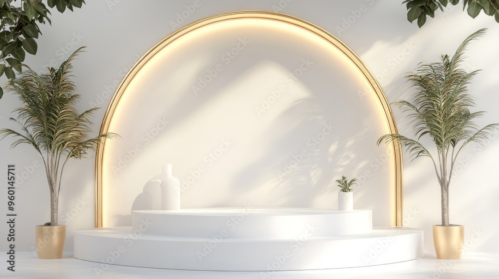 Realistic white display stand with golden curve lines scene, podium showing product for promotion sales and marketing. luxury style background. 3d vector illustration Realistic white display stand with golden curve lines scene, podium showing product for promotion sales and marketing. luxury style background. 3d vector illustration