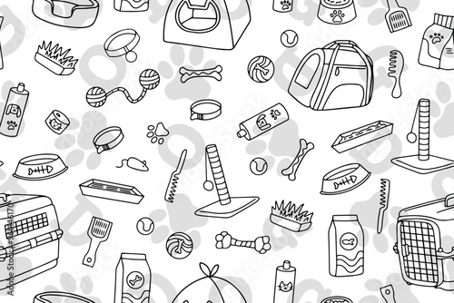Seamless pattern of hand drawn pet shop assortment in doodle style. Vector illustration