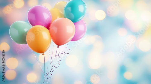 Vividly illustrated helium balloons float gracefully against a blurred backdrop, their vibrant hues adding a festive touch. Pastel-toned balloons, perfect for birthdays, parties, weddings