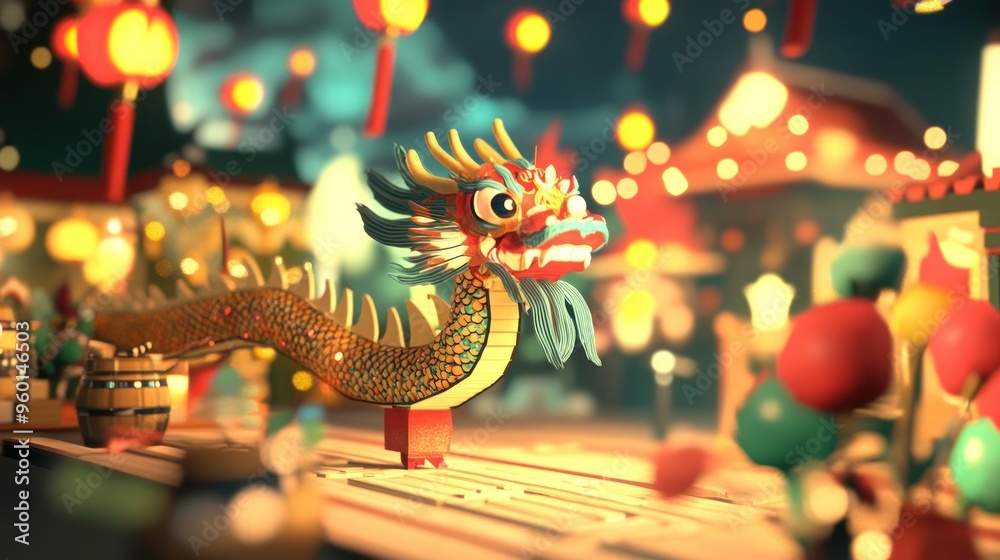 Fototapeta premium A Festive Chinese Dragon Figurine with Red Lanterns