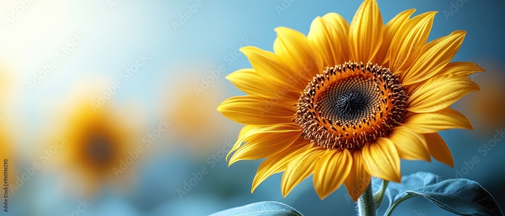 Obraz premium Close-up of a Vibrant Yellow Sunflower with a Blue Background