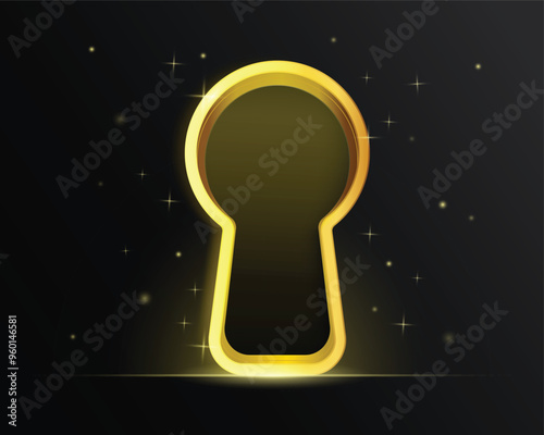 Golden premium glowing keyhole vector. Secret of wealth, way, privacy, path idea concept.