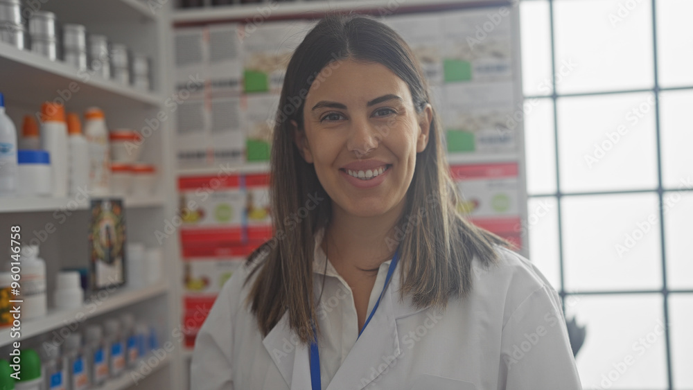 Fototapeta premium Smiling woman pharmacist standing inside a drugstore with shelves of medications