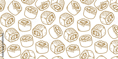 sushi pattern background. Japanese food seamless pattern background. sushi seamless pattern background. doodle sushi pattern background.