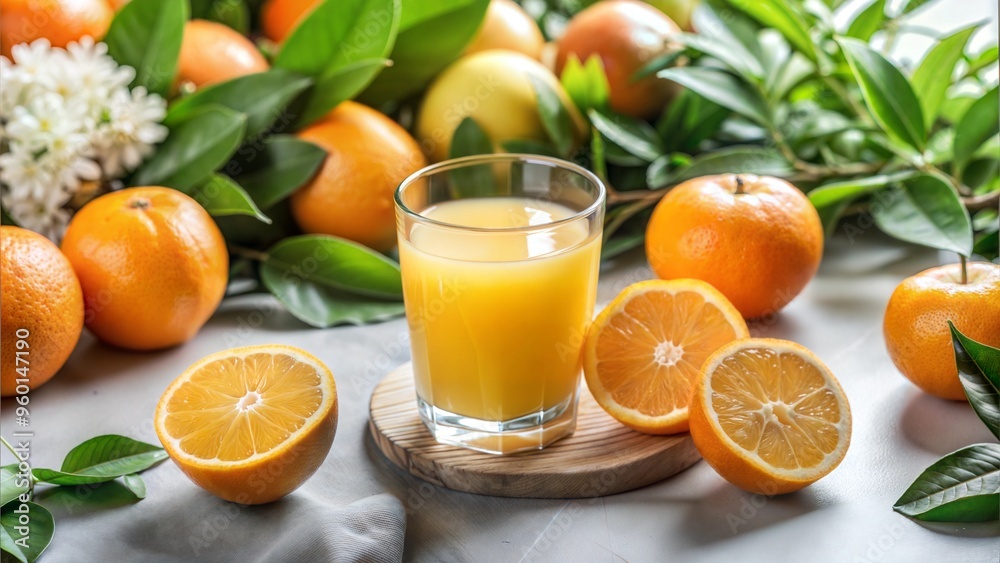 Freshly Squeezed Orange Juice in a Glass Surrounded by Oranges and Greenery Freshly Squeezed Orange Juice in a Glass Surrounded by Oranges and Greenery