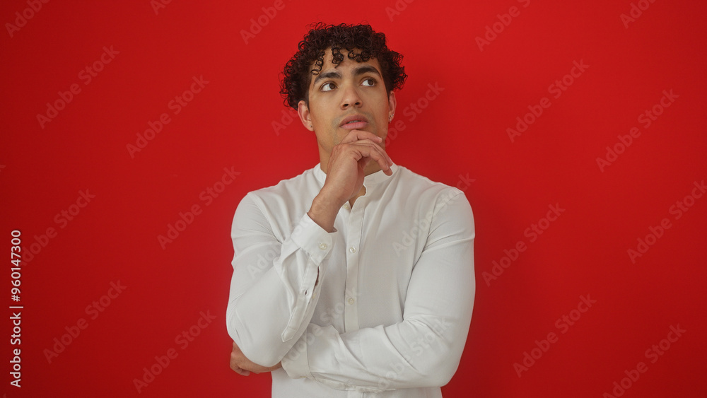 Pensive hispanic man in white shirt on isolated red background looking upwards in contemplation. Pensive hispanic man in white shirt on isolated red background looking upwards in contemplation.