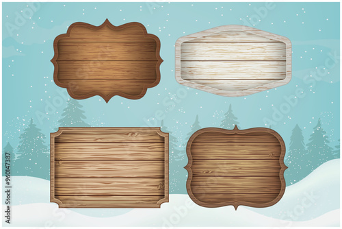 Realistic wooden signs set. Christmas decorations and design elements. Vector illustration