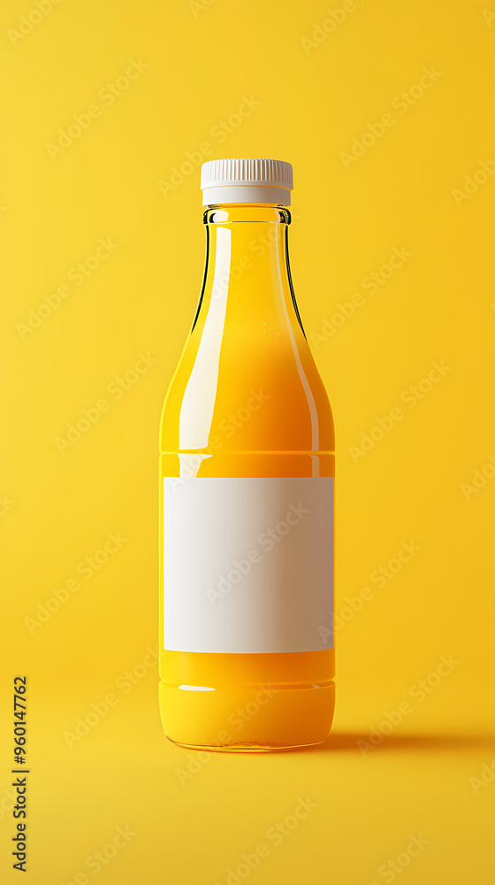 Orange juice bottle on a yellow background, showcasing minimalist design Orange juice bottle on a yellow background, showcasing minimalist design