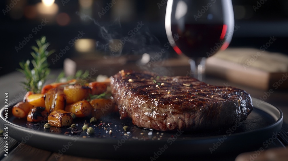 Juicy Steak with Roasted Potatoes and Rosemary Garnish Juicy Steak with Roasted Potatoes and Rosemary Garnish