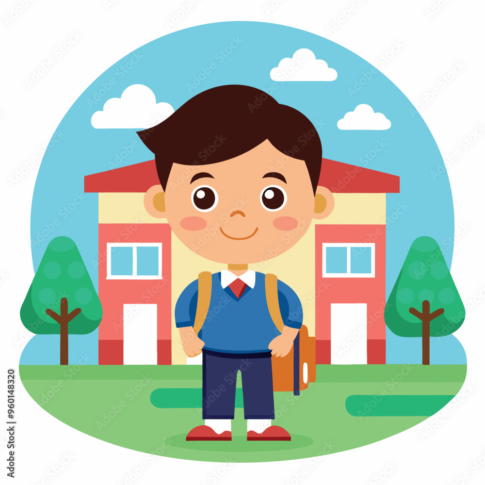 Smiling schoolboy standing outside elementary school building Smiling schoolboy standing outside elementary school building