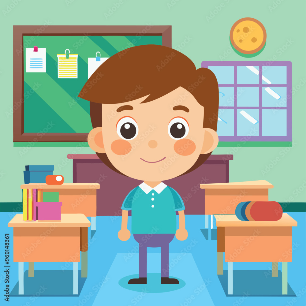 Young boy smiling standing in a classroom Young boy smiling standing in a classroom