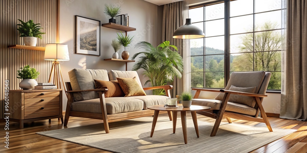 Fototapeta premium Soft furnishings and a rustic wood chair create a cozy atmosphere in this stylish living room, bathed in