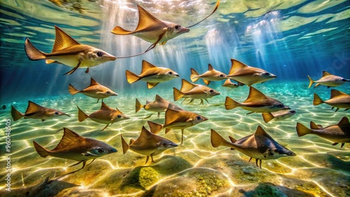 Vibrant school of golden river stingrays swim together in unison, their iridescent scales shimmering in the sunlight-dappled waters of a serene tropical river ecosystem. photo