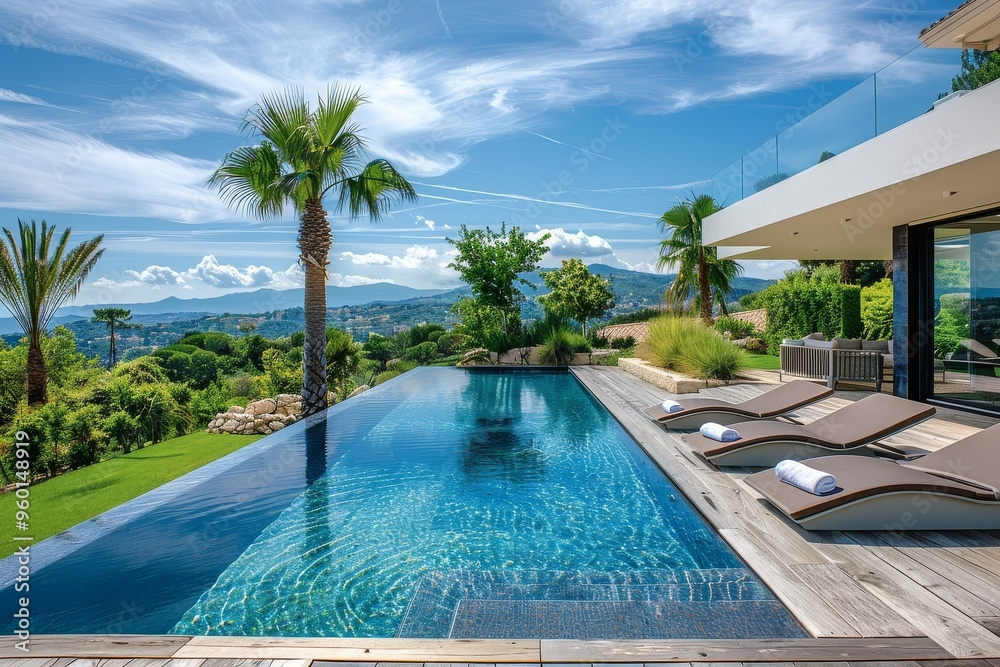 Fototapeta premium Idyllic modern French Riviera garden with wooden deck, palm trees, lounge chairs by the pool, blue sky, green grass, and rolling hills in summer.