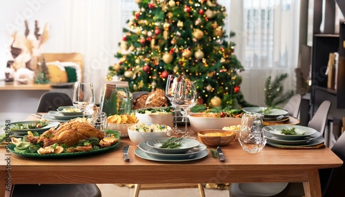 A Christmas dinner table setting with a decorated Christmas tree in the background.