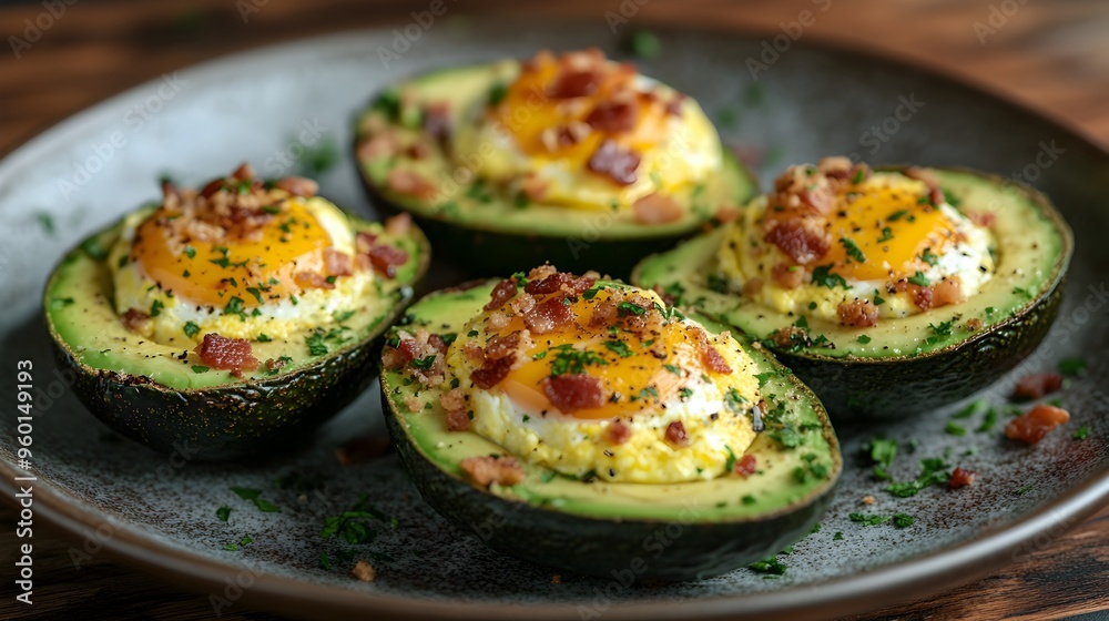 Baked Avocado Halves Filled with Eggs and Garnished with Fresh Herbs Baked Avocado Halves Filled with Eggs and Garnished with Fresh Herbs