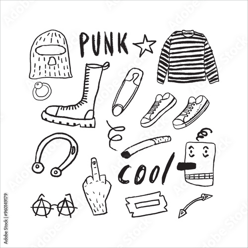 Punk Rock music hand drawn set of elements. Hand written dirty grunge style lettering.